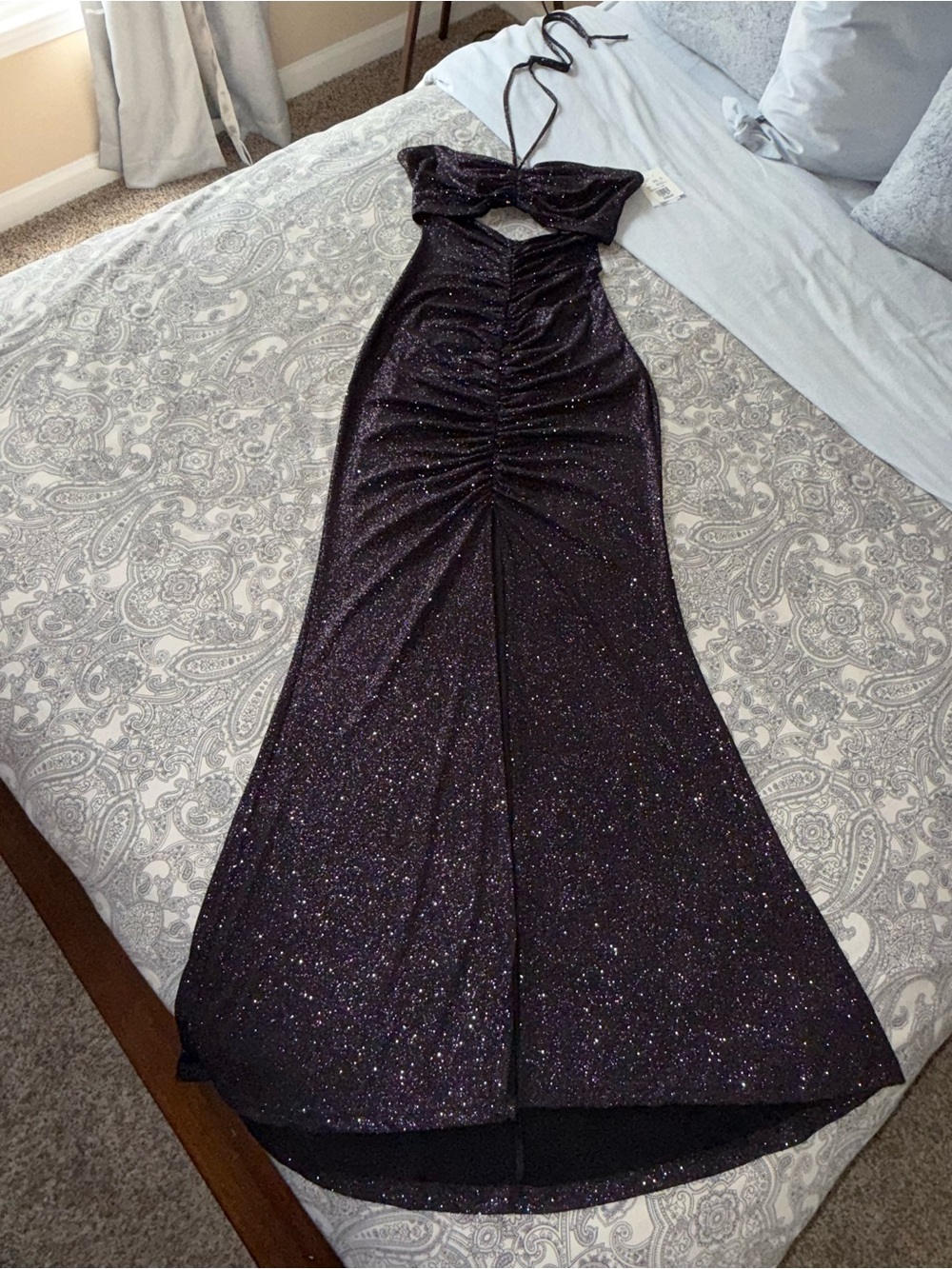Jules and Cleo Formal Glitter Dress with Cut Out and Ruching